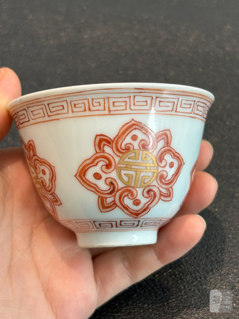 清同治 矾红福寿纹小杯 - 图2